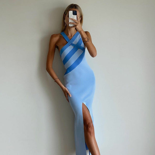Aqua Babe Slit Striped Midi Sleeveless V Neck Dress - Blue