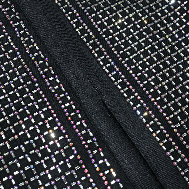 Black Distinctive Rhinestone Midi Long Sleeve V Neck Bandage Dress