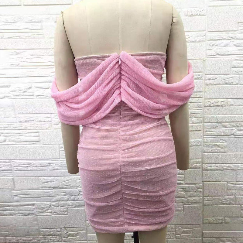 Pink Backless Tulle Off Shoulder Bodycon Dress