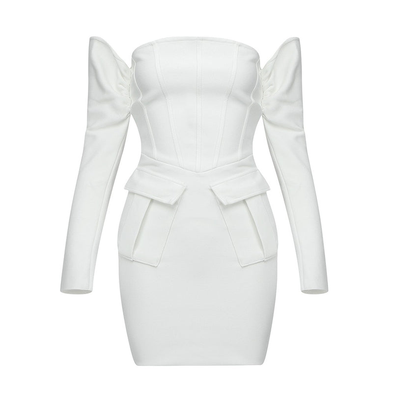 White Backless Plain Mini Long Sleeve Off Shoulder Bandage Dress