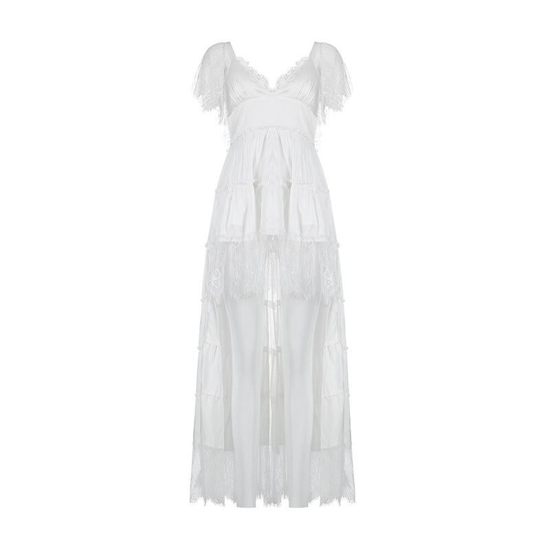 Lace Puff Sleeve Ruffle Maxi Dress|https://www.bsb.company/