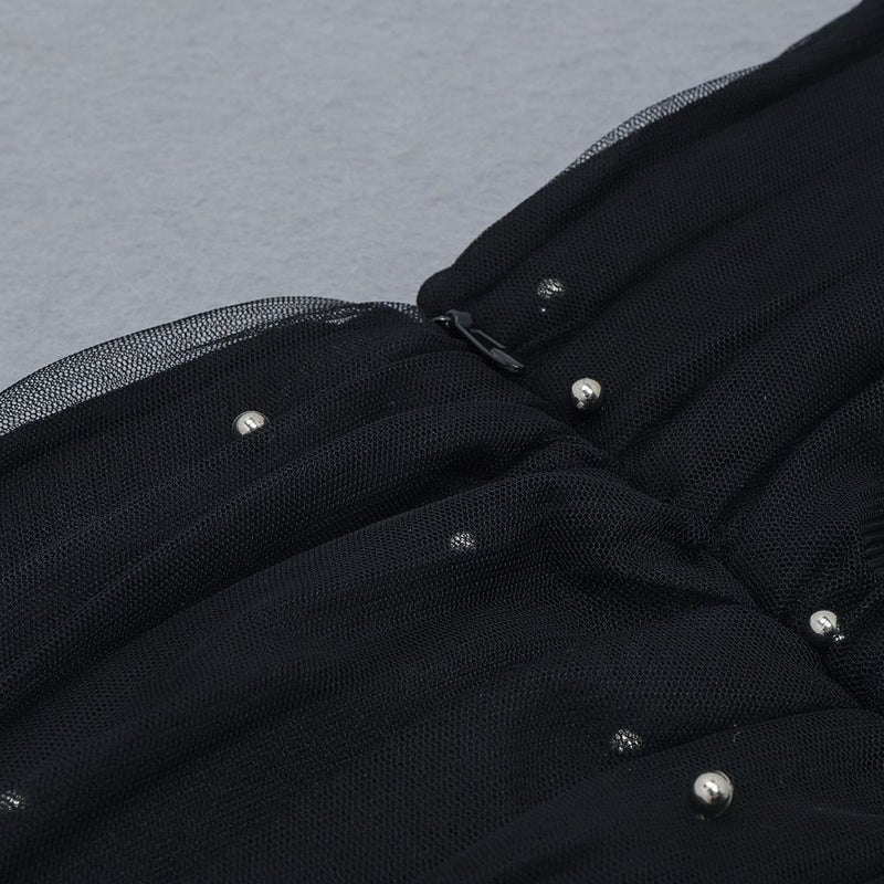Black Wrinkled Mesh Mini Long Sleeve Square Collar Bandage Dress