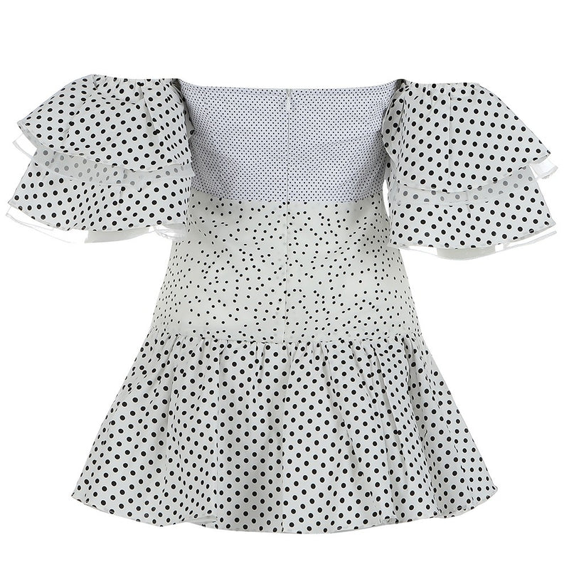 White Frill Polka Dots Off Shoulder Mini Dress