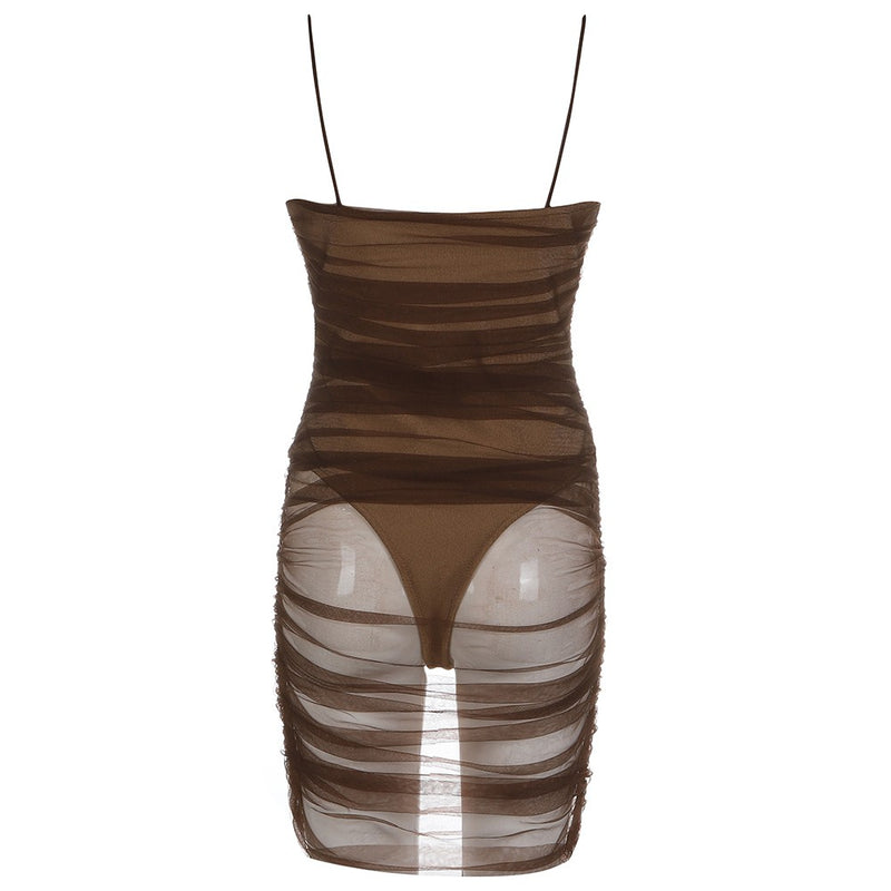 Coffee Mesh Wrinkled Strappy Bandage Dress