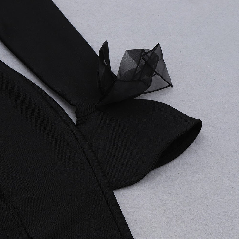 Black Slit Tie Midi Long Sleeve Bandage Dress