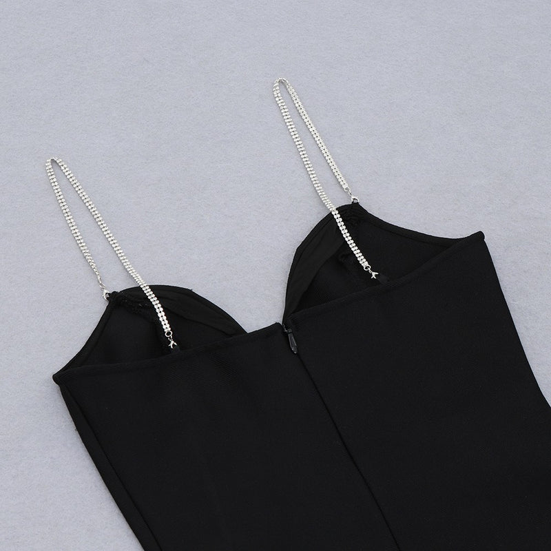 Black Slit Drill Chain Midi Sleeveless Strappy Bandage Dress