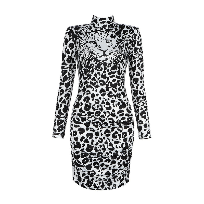 Black Frill Leopard Pattern Mini Long Sleeve High Neck Bodycon Dress