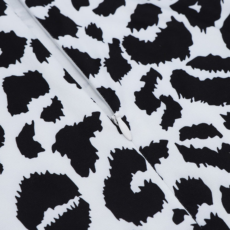 Black Frill Leopard Pattern Mini Long Sleeve High Neck Bodycon Dress