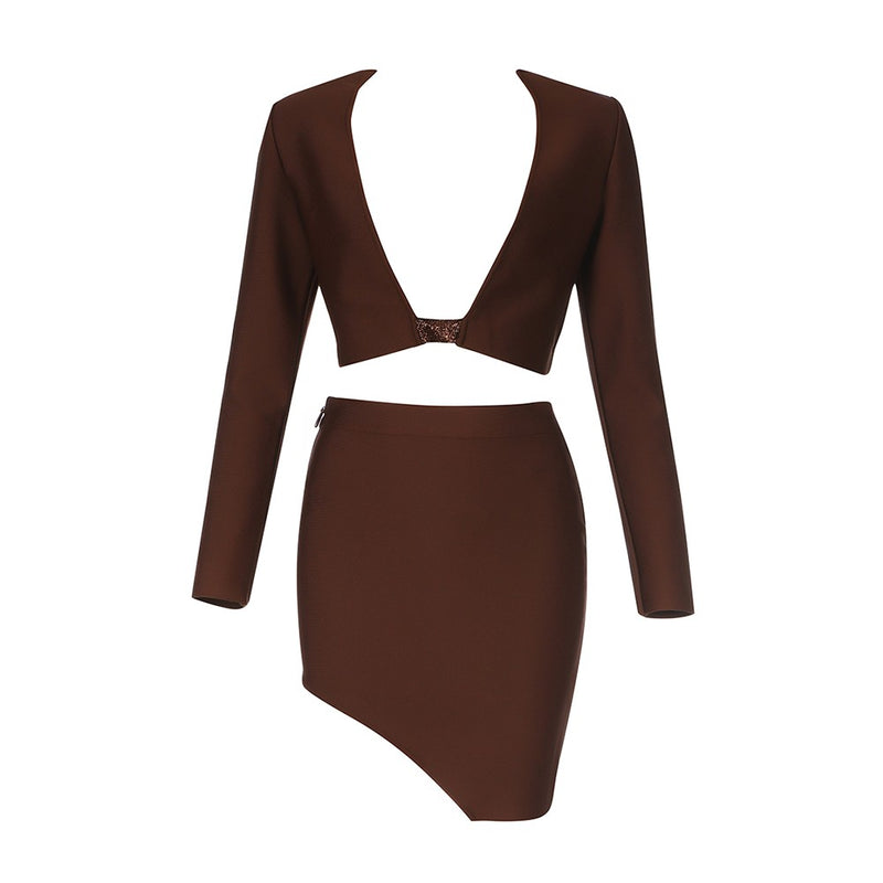 Coffee Tie Cut Out Long Sleeve V Neck Bandage Set
