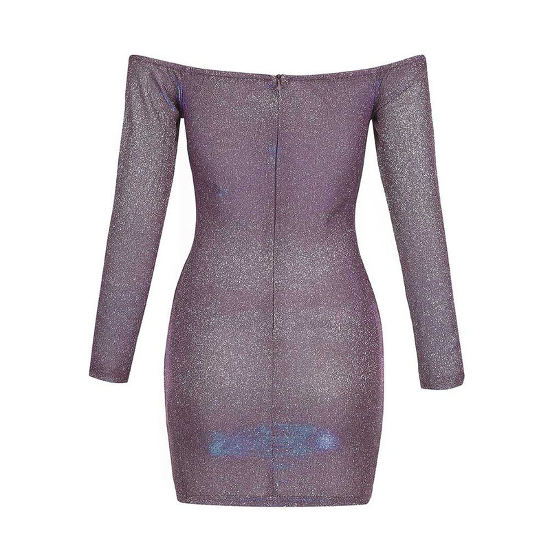 Purple Distinctive Wrinkled Mini Long Sleeve Off Shoulder Bodycon Dress