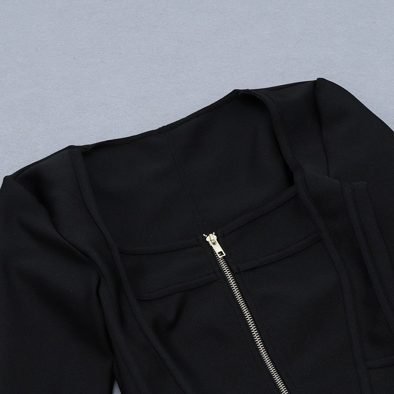 Black Plain Zipper  Long Sleeve Mini Bandage Dress