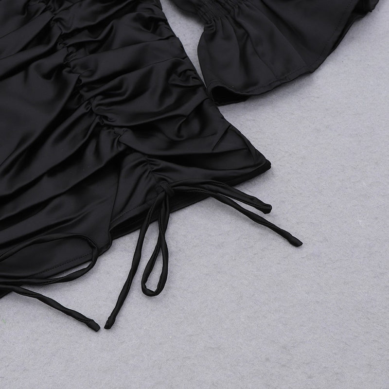 Black Tie Wrinkled Mini Long Sleeve Square Collar Bodycon Dress
