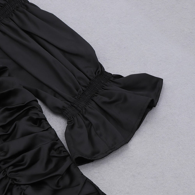 Black Tie Wrinkled Mini Long Sleeve Square Collar Bodycon Dress