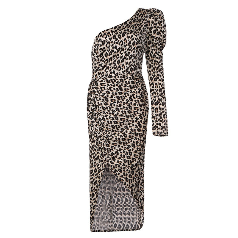 Leopard Slit Asymmetrical One Shoulder Midi Bodycon Dress