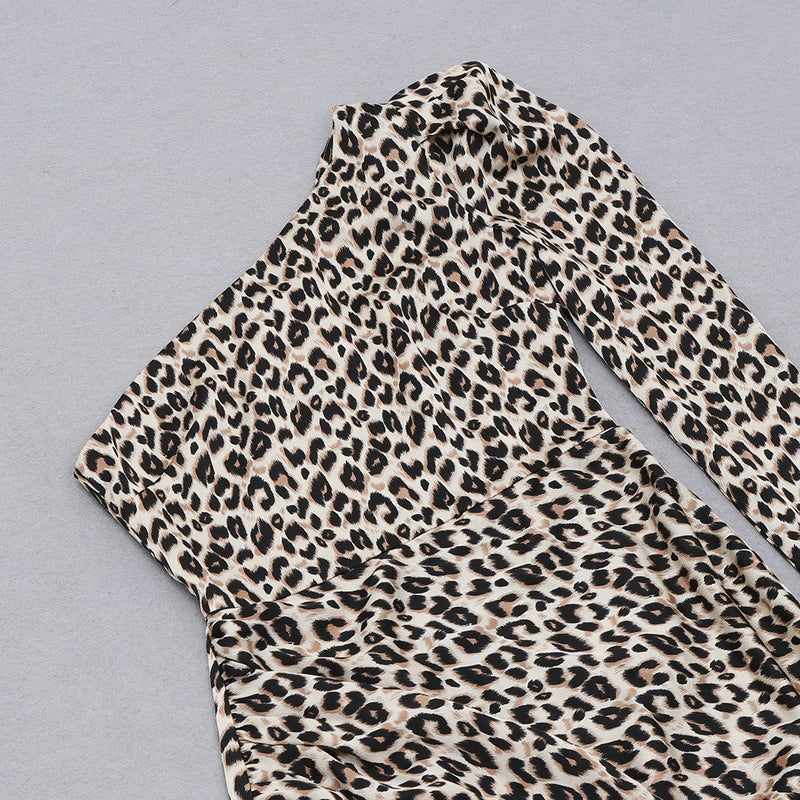 Leopard Slit Asymmetrical One Shoulder Midi Bodycon Dress