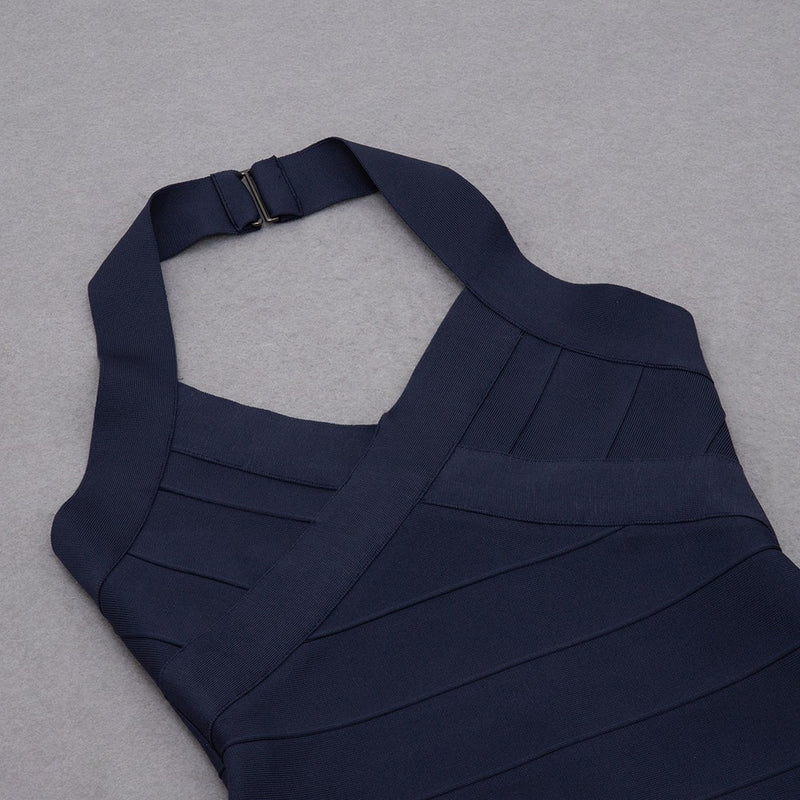 Not A Chance Backless Halter Midi Bandage Dress - Dark Blue