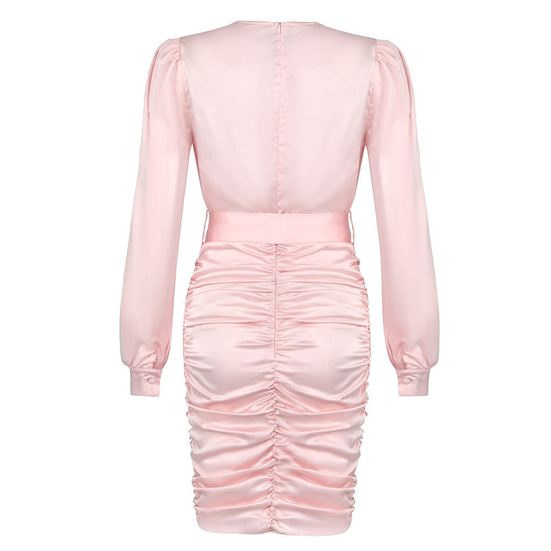 Pink Wrinkled With Belt Mini Bodycon Dress