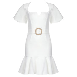 White With Belt Fishtail Square Collar Mini Dress