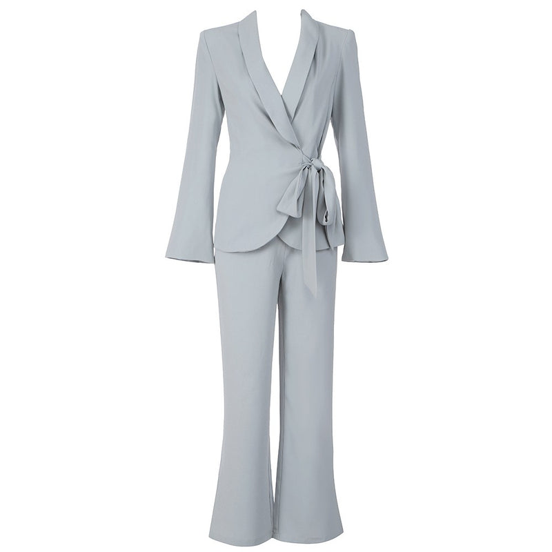 Gray Distinctive Tie Long Sleeve Bodycon Suit