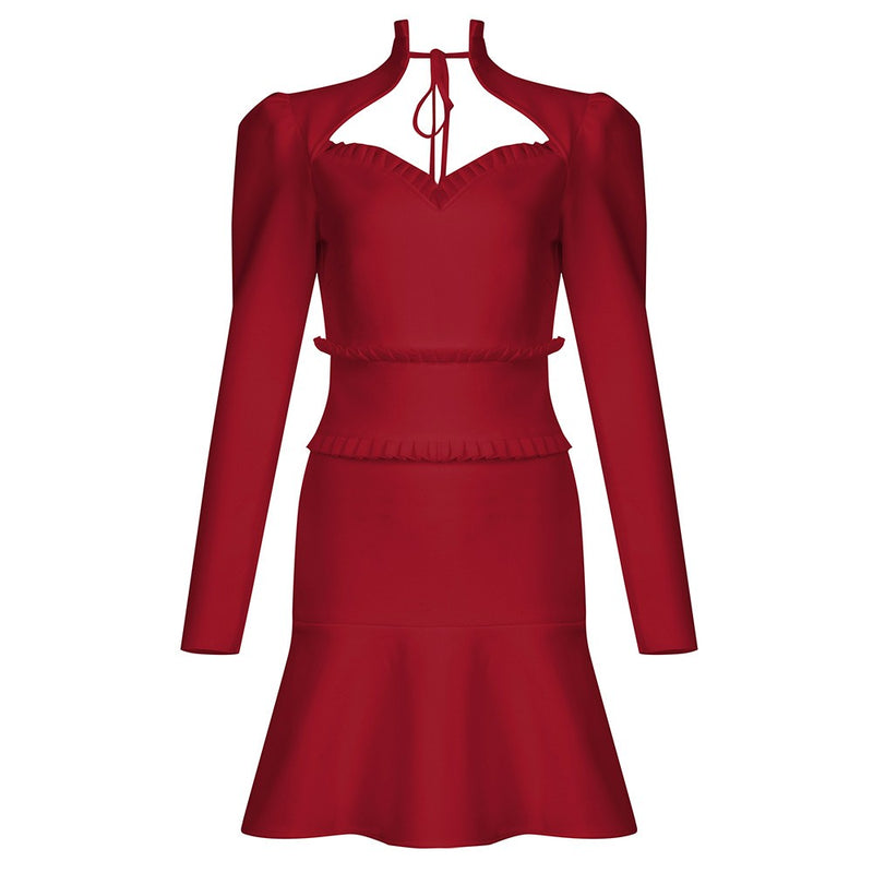 Red Tie Hollow out High Neck Mini Bandage Dress