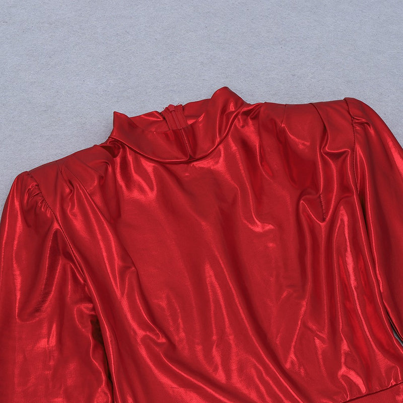 Red Plain Frill Mini Long Sleeve High Neck Bodycon Dress