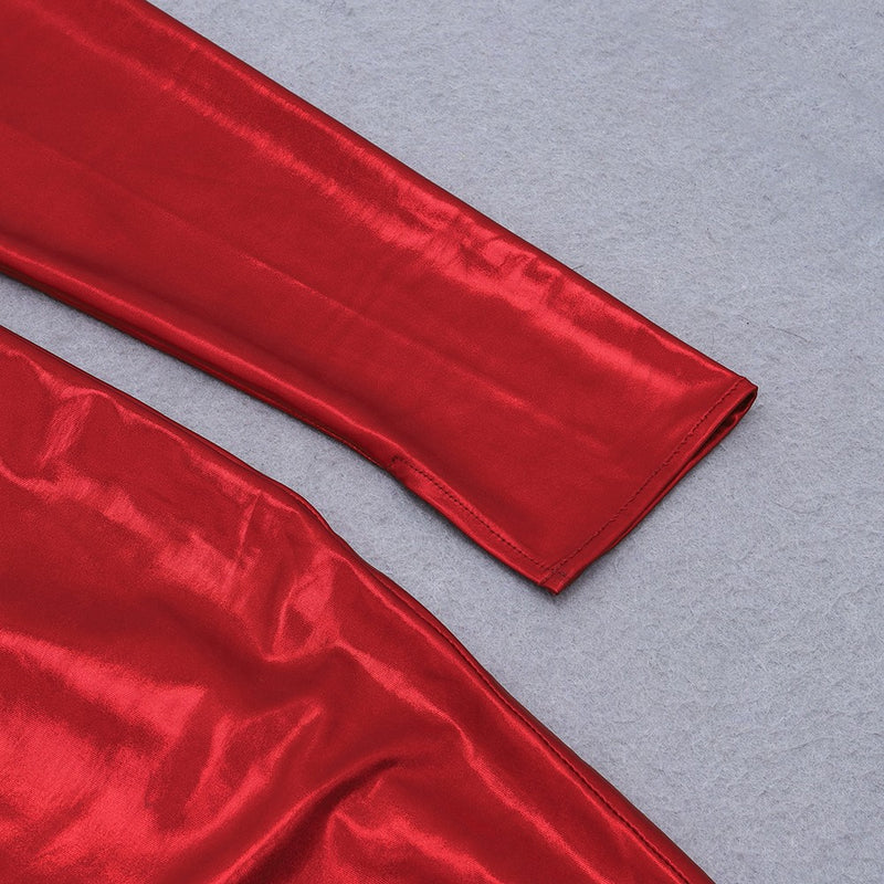 Red Plain Frill Mini Long Sleeve High Neck Bodycon Dress