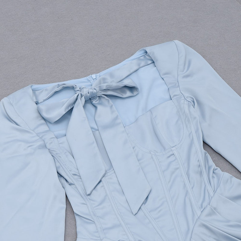 Light Blue Tie Frill Square Collar Mini Bodycon Dress