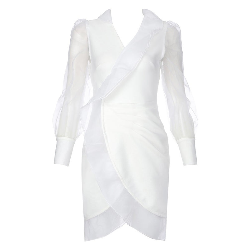 White Frill Mesh Mini Long Sleeve Bandage Dress