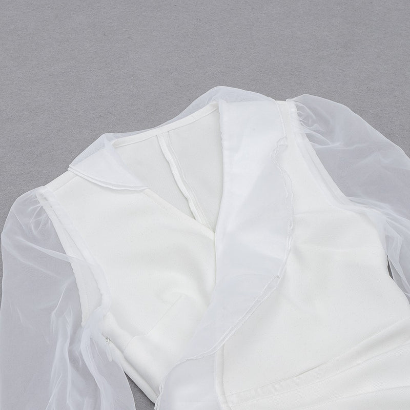 White Frill Mesh Mini Long Sleeve Bandage Dress