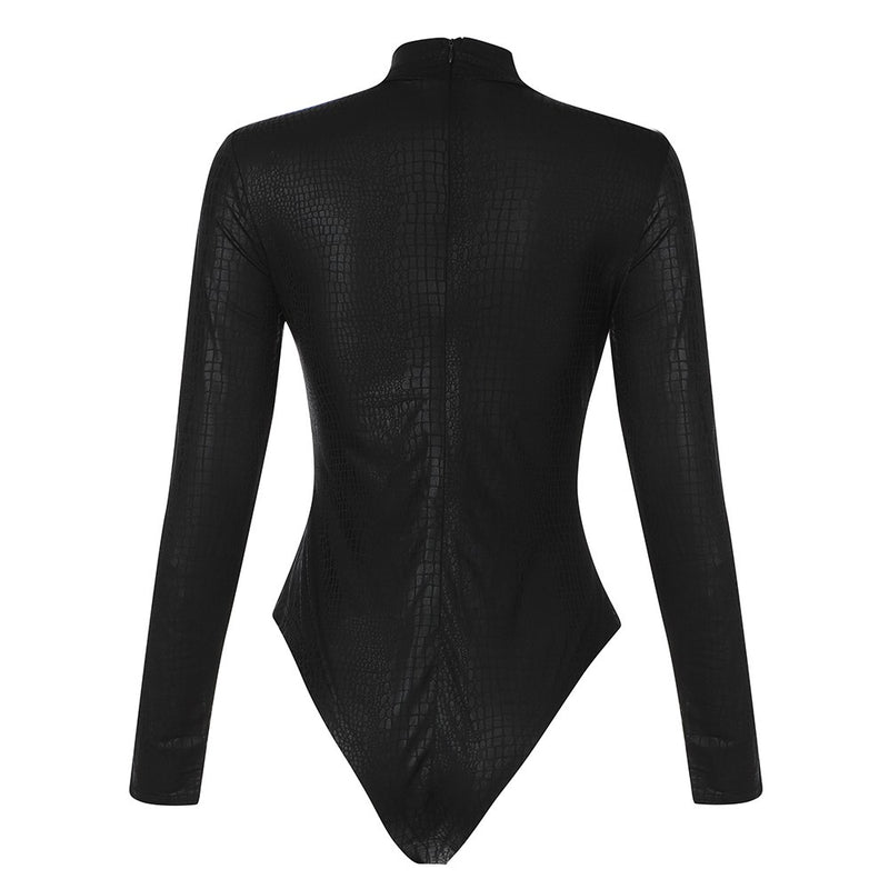 Black Zipper Plaid Long Sleeve High Neck Bodysuit