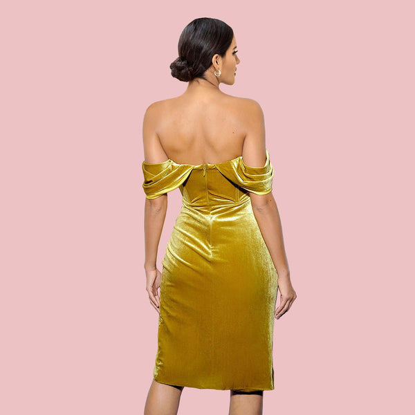 Yellow Frill Midi Off Shoulder Bodycon Dress