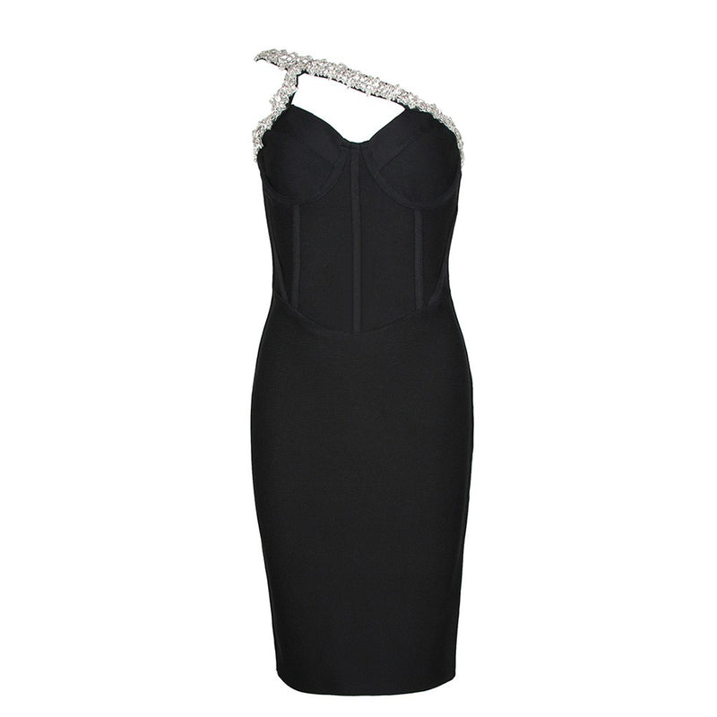 Black Hollow Out Drill Chain Midi Sleeveless One Shoulder Bandage Dress
