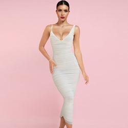 White Backless Wrinkled Midi Sleeveless Strappy Bandage Dress
