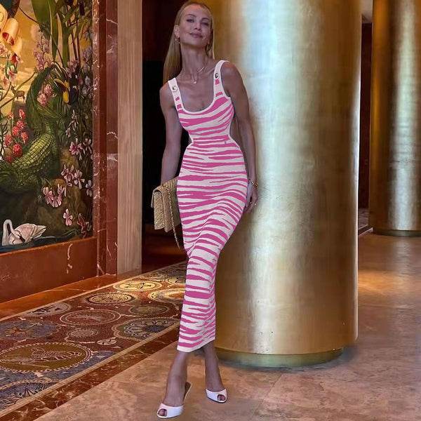 Not Your Average Striped Strappy Bandage Maxi Dress - Pink Zebra Print