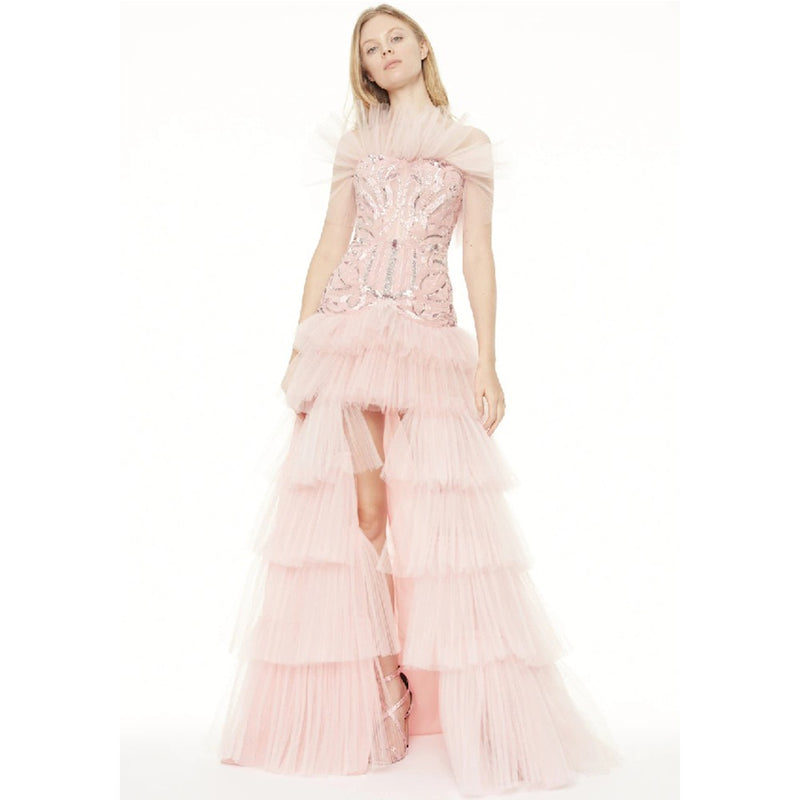 Pink Slit Frill Maxi Sleeveless Strapless Bodycon Dress