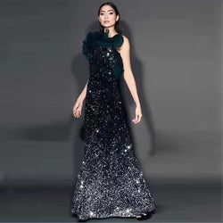 Sequined Frill Strapless Maxi Dress|https://www.bsb.company/