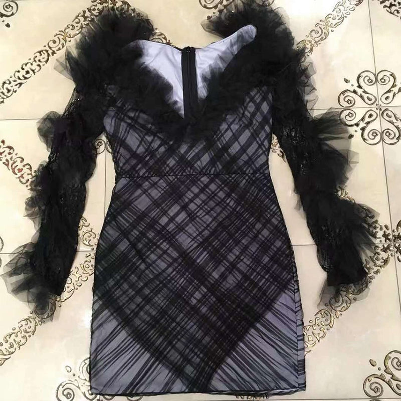 Black Tie Tulle Mini Long Sleeve Bodycon Dress