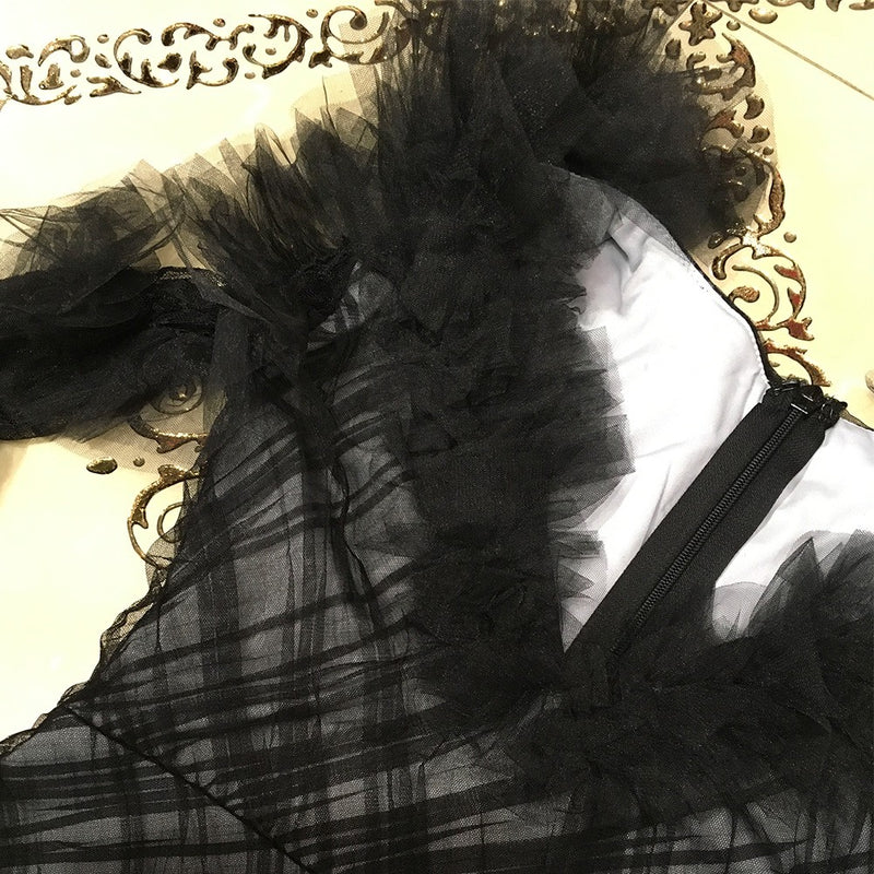 Black Tie Tulle Mini Long Sleeve Bodycon Dress