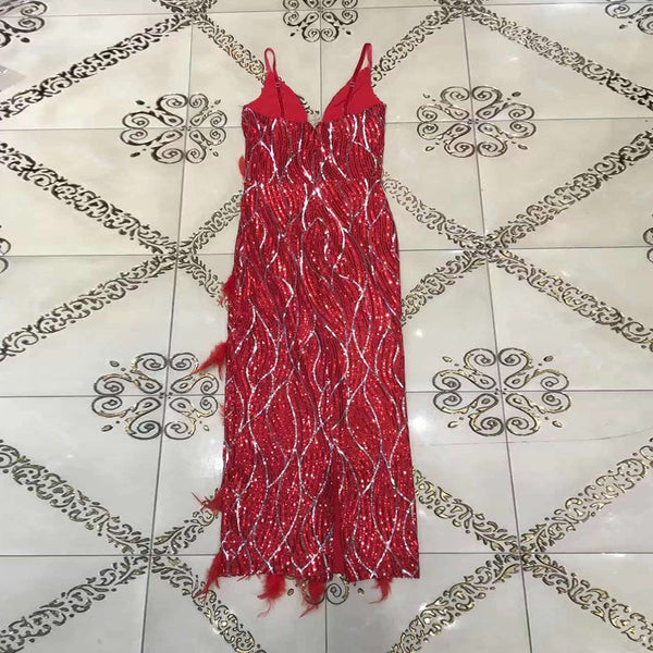 Red Feather Sequined Sleeveless Bodycon Dress