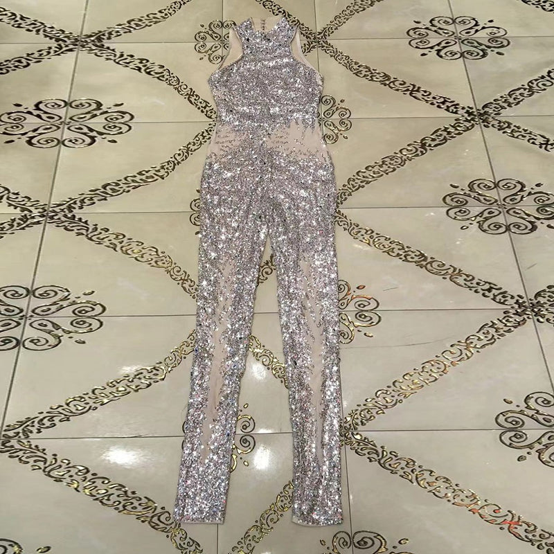 Silver Mesh Sequined Sleeveless Bodycon Jumpsuit
