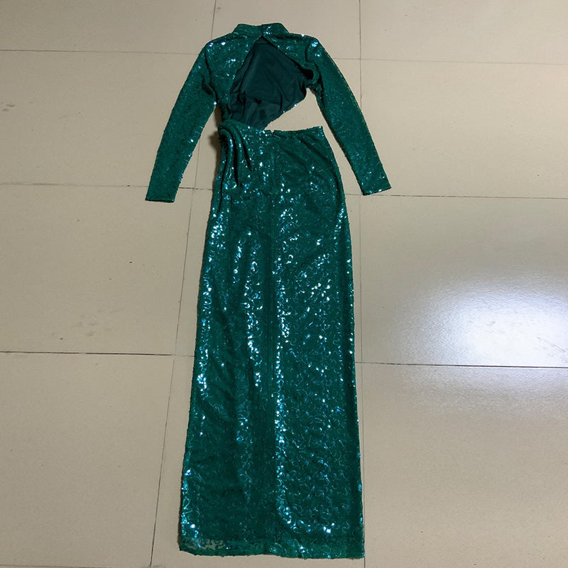 Fashionably Late Cut Out Sequined High Neck Maxi Dress - Green