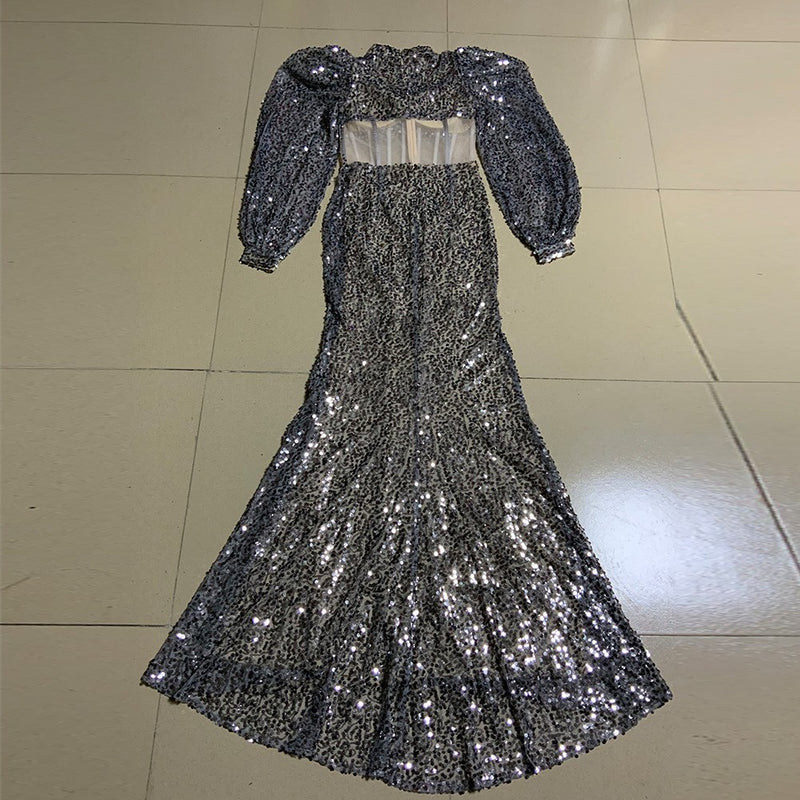 True Opulence Mesh Sequined High Neck Bodycon Maxi Dress - Silver