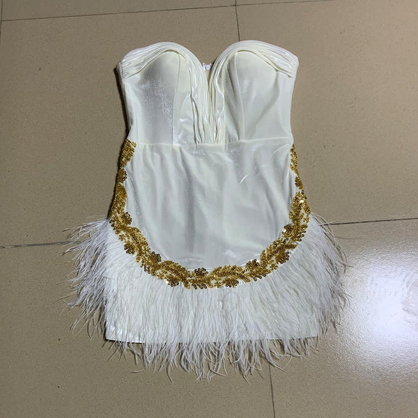 Literal Goddess Feather Sequined Mini Strapless Bodycon Dress - White