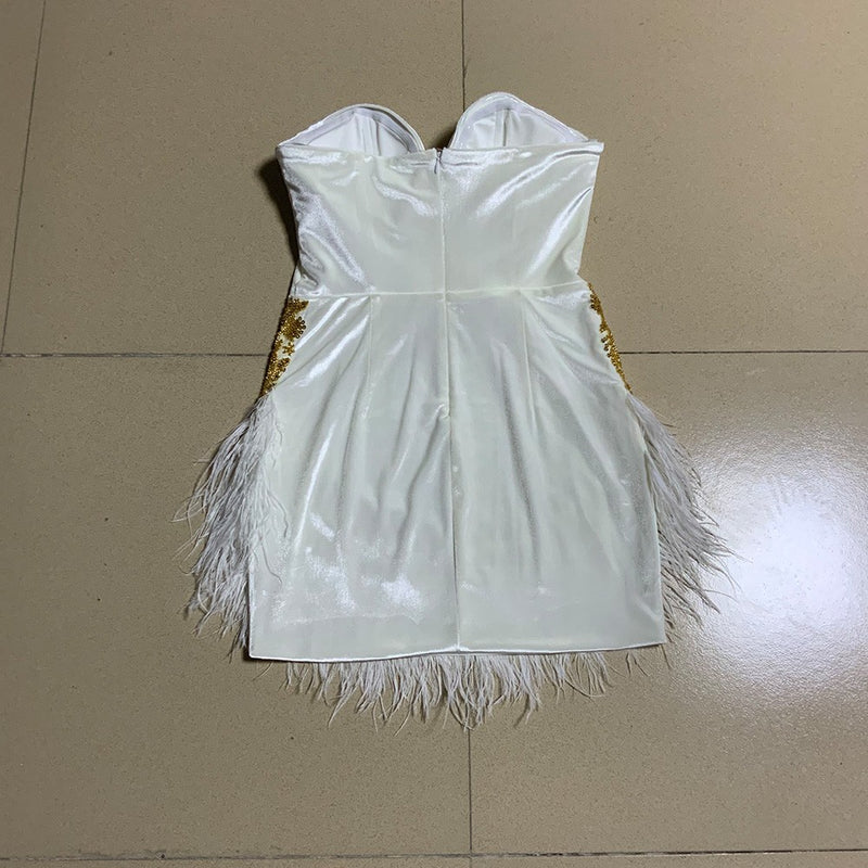 Literal Goddess Feather Sequined Mini Strapless Bodycon Dress - White