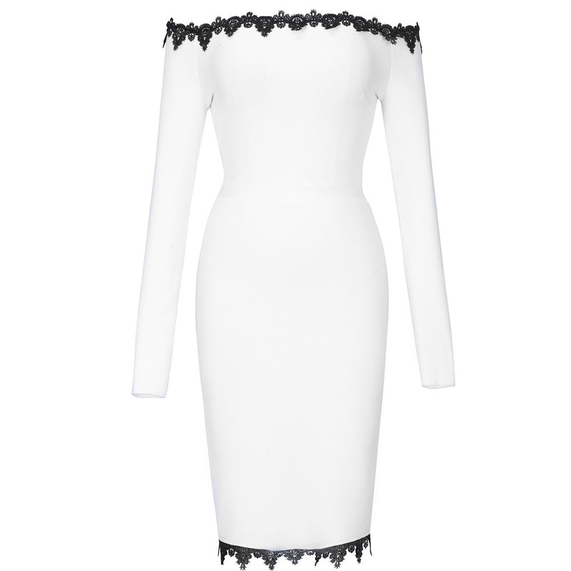 White Plain Lace Long Sleeve Bandage Dress