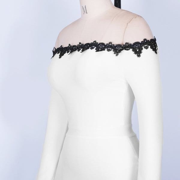 White Plain Lace Long Sleeve Bandage Dress