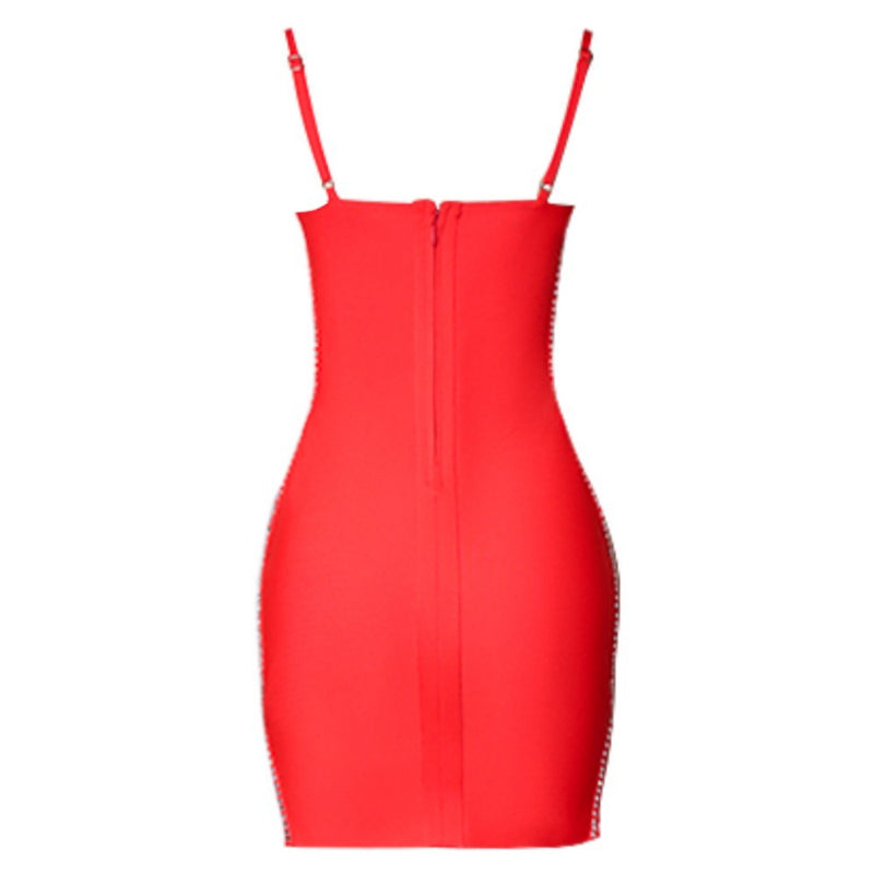 Red Mirrors Crystals Cut Out Mini Sleeveless Strappy Bandage Dress