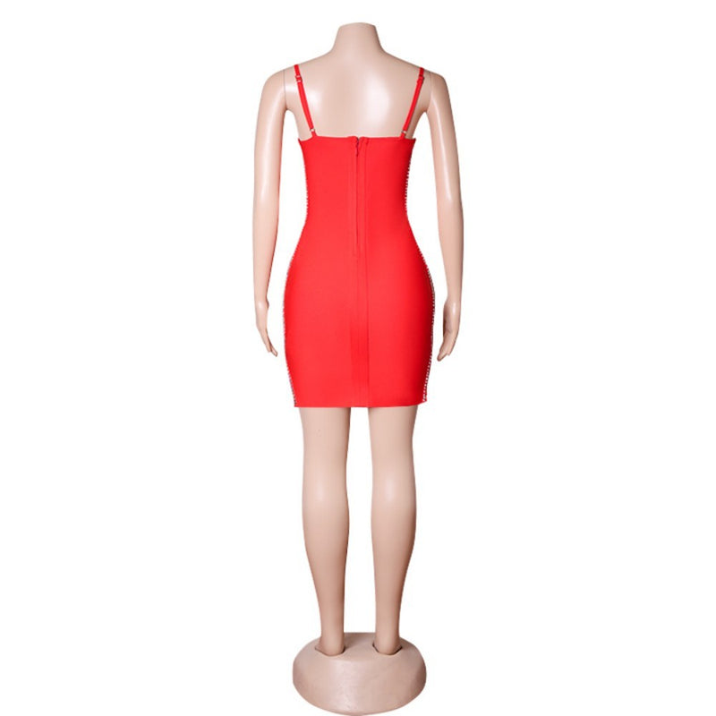 Red Mirrors Crystals Cut Out Mini Sleeveless Strappy Bandage Dress