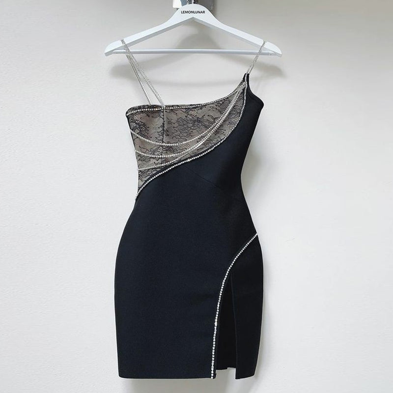 Black Lace Drill Chain Sleeveless Mini Dress